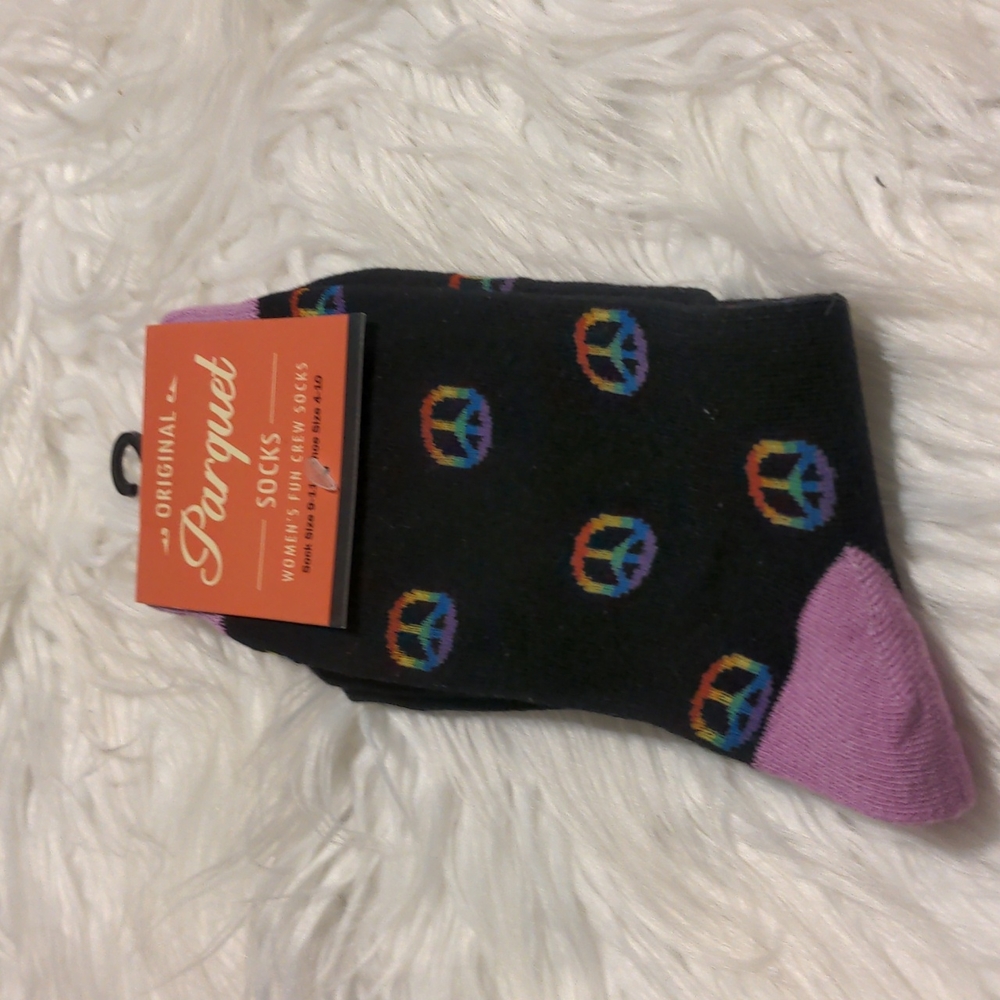Parquet socks women's fun crew rainbow peace sign black/purple nwt